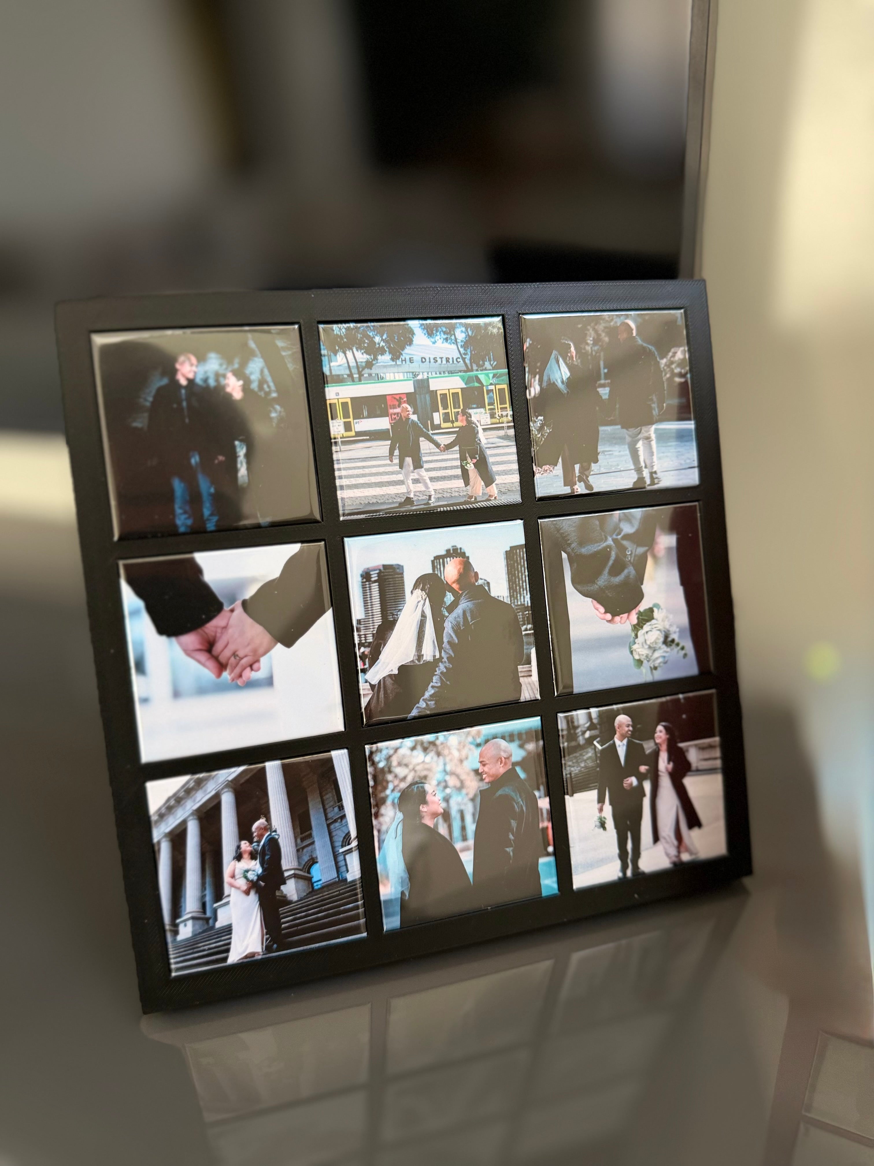CUSTOMER — two display frames side by side on a console table.